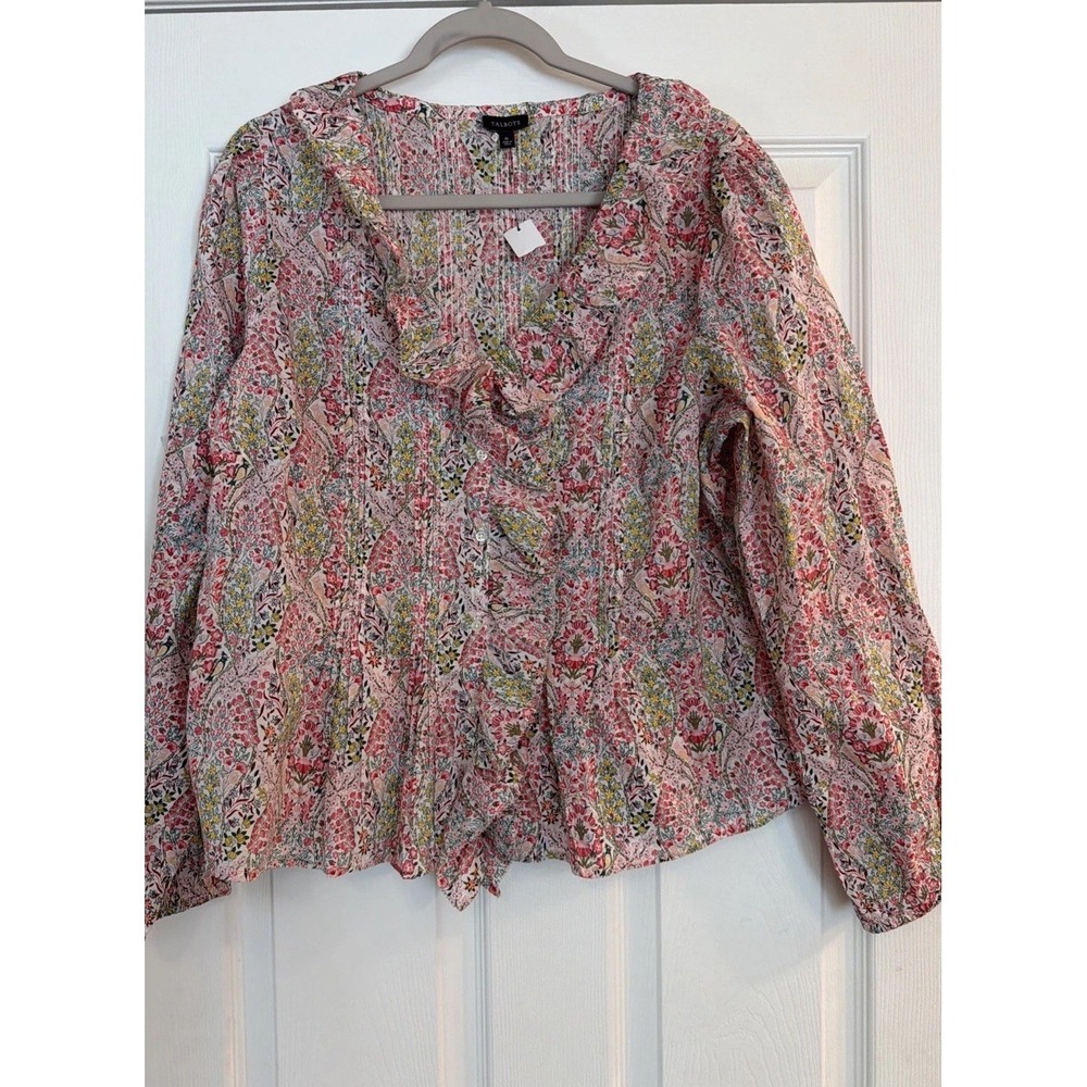 Talbots NWT Blouse‎ Floral Multicolor Button Up Ruffled Pintucks Career Cotton